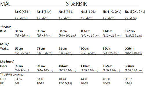 Stærðar tafla / size chart